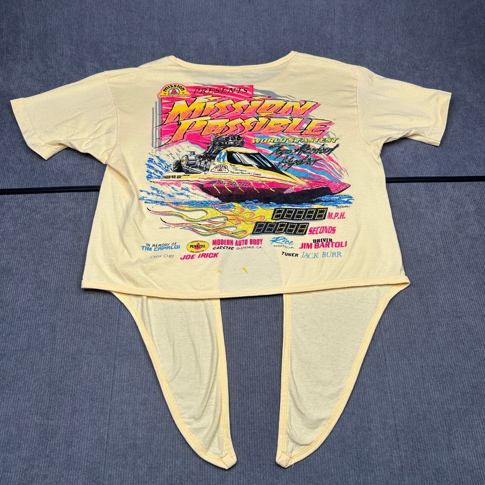 Vintage Mission Tortillas Racing Tie Front T-Shirt Yellow Boat Graphic S/M Y2k